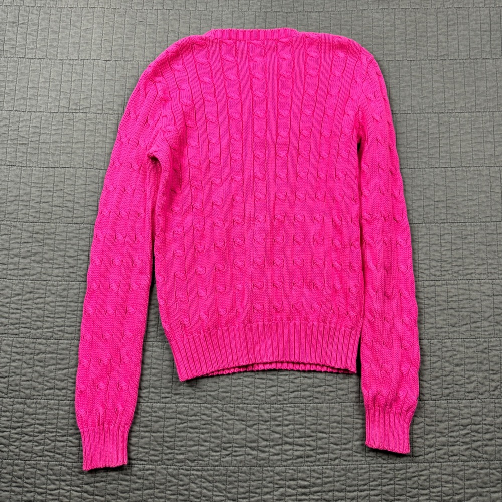 Vintage Ralph Lauren Women XS Hot Pink Cable Knit Crewneck Sweater Preppy Pony - Picture 4 of 8